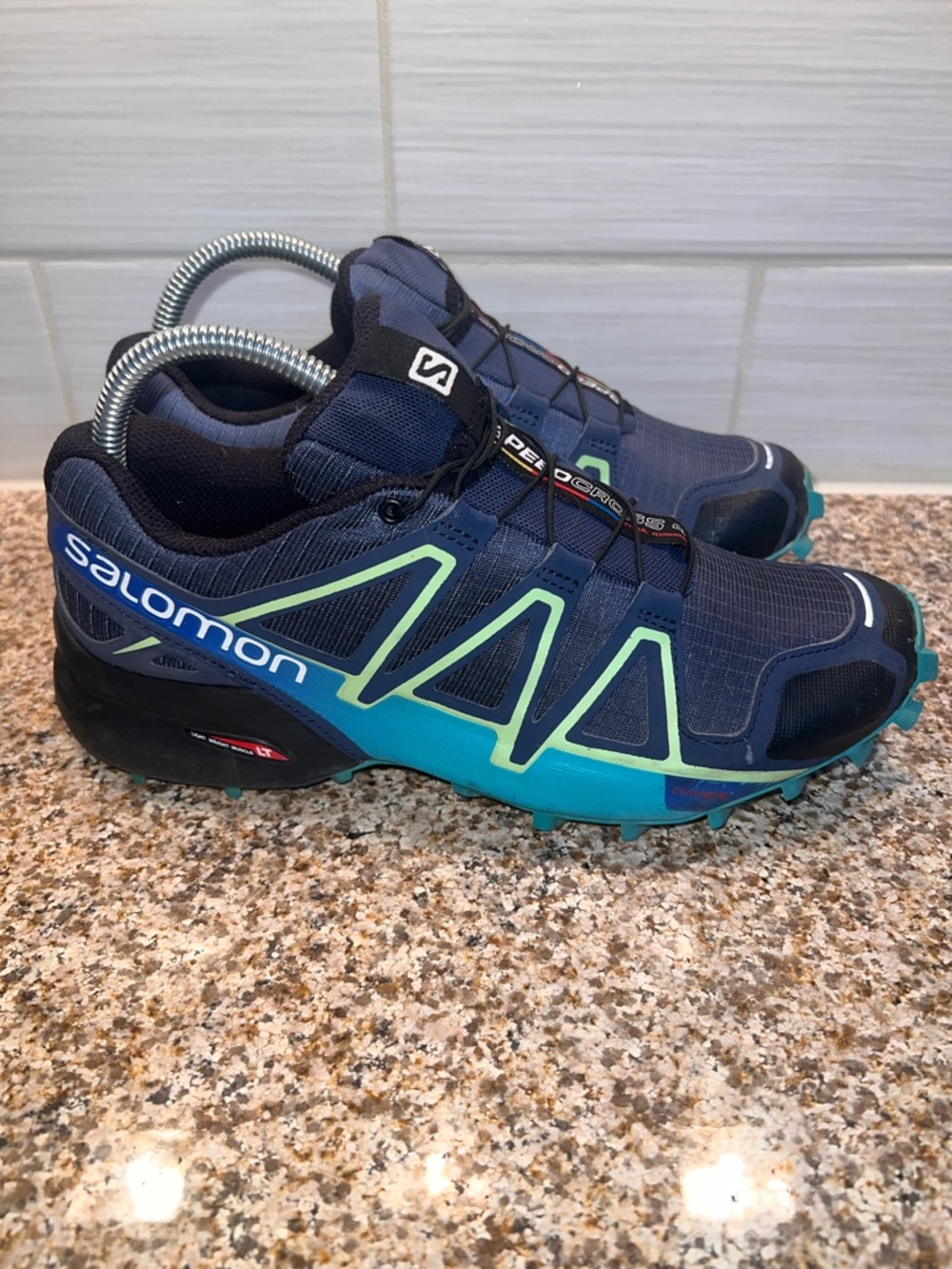 Salomon Navy Trail Shoes with Teal and Lime Highlights - Picture 2 of 8